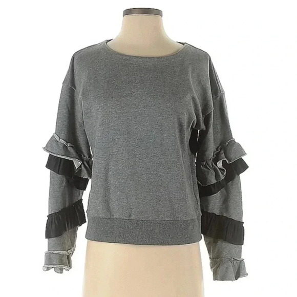 J. Crew | Chic Charcoal Grey Ruffle Sleeves Boho Vibes Crew Neck Sweater Size XS - Picture 4 of 4